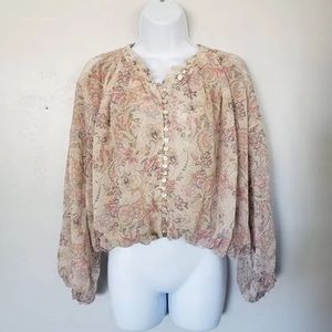 Dress Forum Tops Long Sleeve Blouse Button Front Beige Floral Paisley Boho
